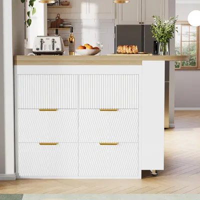 Produktbild von Bartisch mit sechs Schubladen, ausziehbar 128–203 cm, weißer MDF-Bartisch mit Kippsicherung und 360°-Drehfunktion als Esstisch, Hausbar oder Schreibtisch