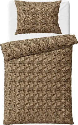 A top-down view of a leopard print duvet cover and pillowcase laid out on a white surface.