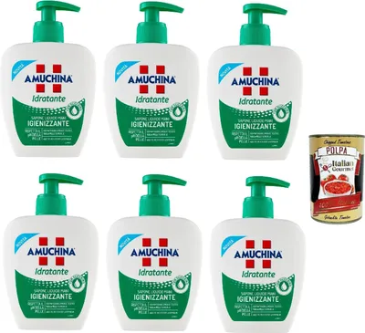 Produktbild von Amuchina Idratante Sapone Liquido Mani Igienizzante, Flüssige Seife hängende Hände, 6x 250 ml + Italian Gourmet polpa 400g
