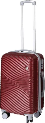 A red suitcase with a telescopic handle and wheels, shown from the front.