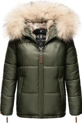 Produktbild von Navahoo Tikunaa Damen Vegane Winter Steppjacke mit Kapuze und Kunstfellbesatz, Parka, Winterjacke Olive Gr. 36 - S