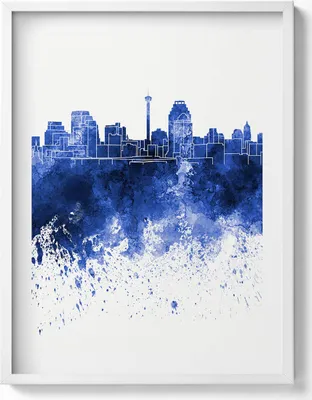 Produktbild von Panorama von San Antonio Aquarell– Wandbild mit Rahmen – Gerahmtes Bild  – Wanddekoration – 60x80 cm –  Weiß Rahmen