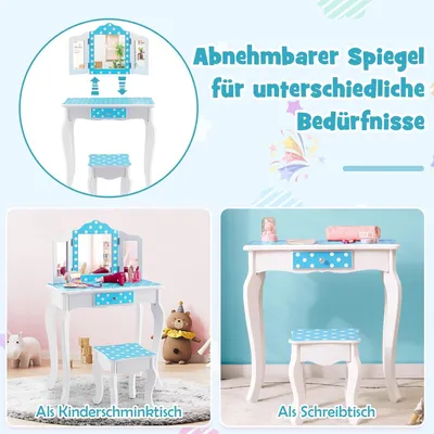 Produktbild von DREAMADE Kinder-Schminktisch mit Hocker, Frisiertisch aus Holz, 2-in-1-Schreibtisch mit Hocker, abnehmbarer Platte, 3-facher klappbarer Spiegel, Schublade & Kippschutz