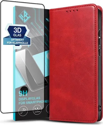 Produktbild von Handyhülle für Samsung Galaxy S20 mit 9H Displayglas Kunstleder Flip Cover Hülle Handytasche Case Kartenfach Farbe: Rot