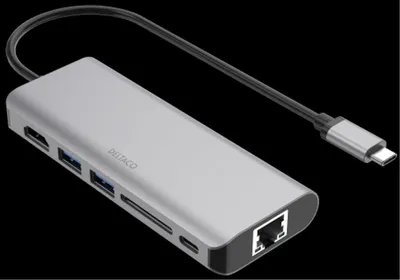 Obrázek produktu pro Deltaco USBC-HDMI24, USB typu C, HDMI, RJ-45, USB 2.0 Type-A, USB typu C, SD, 14400 Mbit/s, 60 Hz, 3840 x 2160 px