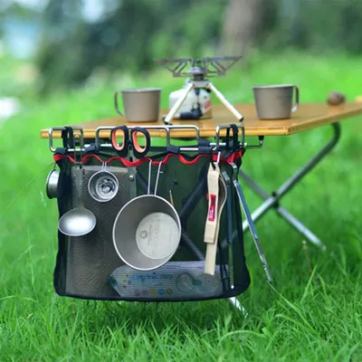 Produktbild von jinaishop Faltbares Camping-Aufbewahrungsnetz, Hängeorganizer & Tisch-Organizer aus Edelstahl, mit großer Kapazität für Töpfe, Schüsseln, Werkzeuge, einfache Montage. Maße Müllablage: 31,5x25x4,5cm; Netzbeutel: 30x21x17cm; Gewicht: 406g.