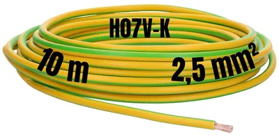 Imagen del producto de Cable Kalitec de 10 metros, sección 2,5 mm², color verde y amarillo, tipo H07V-K. Cable de conexión flexible, con un solo conductor, aislamiento de PVC. Cable trenzado de 2,5 mm², para instalaciones eléctricas, con conductor sólido. Cable de conexión simple, cable rígido, cable para instalaciones