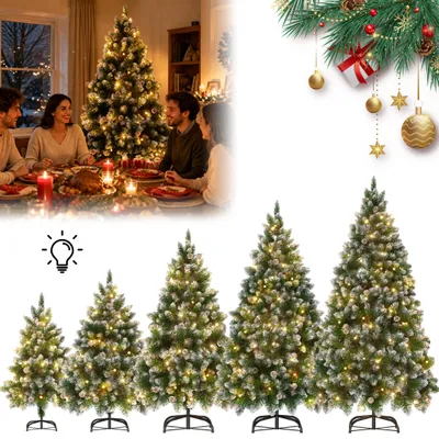 Productafbeelding van ACXIN PVC kunstkerstboom & decoratieve boom, 180 cm, kerstboom met sneeuweffect, warmwitte LED-verlichting, dennenappels, geschikt voor binnen en overdekte buitenruimtes