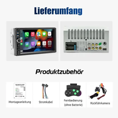 Zdjęcie produktu dla Radio samochodowe 2 DIN, 7-calowy ekran dotykowy, z funkcjami Apple CarPlay, Android Auto, Bluetooth 5.1, portami USB i AUX, tunerem FM, zestawem głośnomówiącym i możliwością podłączenia kamery. Moc: 4 x 60 Watt