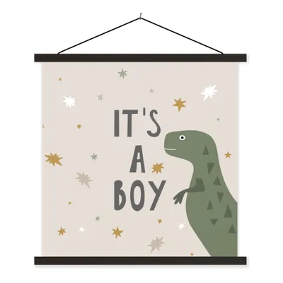 Produktbild von MuchoWow® Textilposter Zitate - Sprichwörter - Es ist ein Junge - Dinosaurier - Kinder - Baby - Jungen - Mädchen 120x120 cm mit schwarzem Rahmen - Aufhängungsset