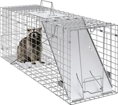 Immagine prodotto di Trappola per animali vivi, 78,7 cm x 25,4 cm x 30,5 cm Trappola per gatti senza crudeltà in ferro zincato, trappola pieghevole con maniglia per conigli, gatti randagi, scoiattoli, procioni, marmotte e opossum