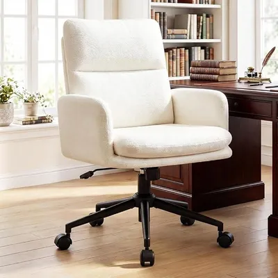 Imagen del producto de Silla de escritorio, silla de oficina ergonómica con respaldo alto, cómoda silla para trabajar desde casa con ruedas, silla giratoria para ordenador con altura ajustable, tela de chenilla suave, color beige