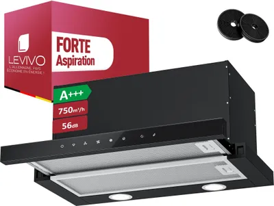 Image de LEVIVO A+++ Hotte plate 60cm à recyclage d'air & évacuation d'air avec 750 m³/h , hotte aspirante encastrable avec 2 filtres à charbon actif, 2 filtres à graisse, 3 vitesses & booster
