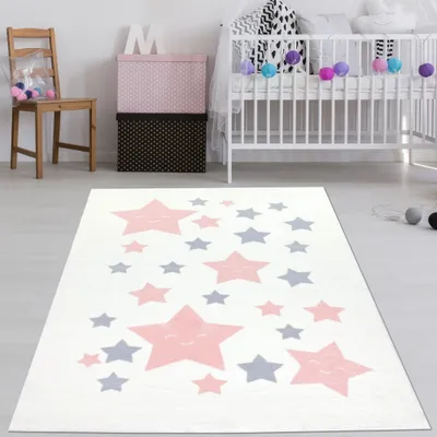 Produktbild von Weicher Kinderzimmer-Teppich mit rosa/grauen Sternen | weiß Größe - 120 x 170 cm