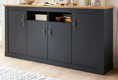 Produktbild von Sideboard "Ribera" in grau und Wotan Eiche große Landhaus Kommode 200x104 cm mit Soft-Close