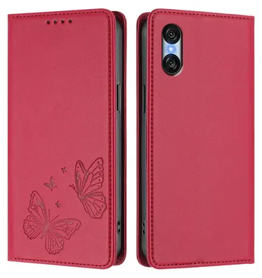 Produktbild von Lederhülle für Sony Xperia 10 VI, Schmetterling Prägung Leder Brieftasche Schutzhülle mit Ständer Rot