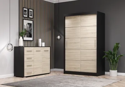 Obrázek produktu pro sada 2 skříní s posuvnými dveřmi Šatní skříň Sonoma/černá 120cm Neomi 06 s komodou 135cm FRIDA 01