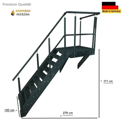 Produktbild von Podesttreppe Wangen- Stahltreppe 9 Stufen Höhe 171 cm inklusive Podest 100x100cm mit Geländer Anthrazit / Ausrichtung Treppe Links / Aussentreppe