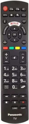 A black remote control for a Panasonic TV is shown against a black background.