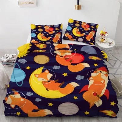 Zdjęcie produktu dla Komplet pościeli 135x200 cm, 2-częściowy, wykonany z mikrofibry, wzór 3D przedstawiający lisa i gwiazdy, z zapięciem na zamek błyskawiczny