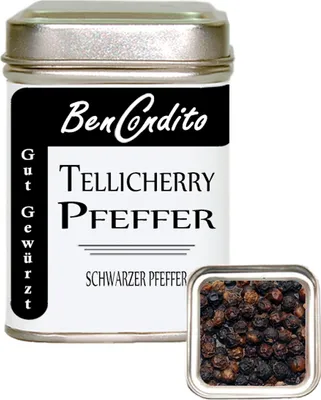 Produktbild von Schwarzer Tellicherry Pfeffer , ganz - Indischer Pfeffer (Ganze Pfefferkörner) 80 Gr. Dose