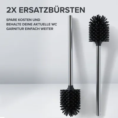 Produktbild von Silberne Toiletenset mit austauschbarer Schlauchbürste | Set aus 2 Handgriffen und 2 Aufsätzen | geschikt für Pottgrößen 7,5-8,5 cm