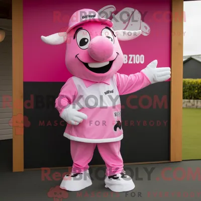 Produktbild von Maskottchenfigur REDBROKOLY eines rosa Zebus mit Spielanzug und Mütze
