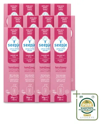 Immagine prodotto di 12 ricariche di sapone liquido per le mani Seepje, profumo di lavanda e tonka, 38 g ciascuna, confezione risparmio da 12 pezzi