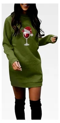 Produktbild von Weihnachtliches Sweatkleid für Damen mit Weinglas-Muster, elegantes Minikleid, lässiger Rundhalsausschnitt, Weihnachtskleid, Longshirt, Langarm-Pulloverkleid, Sweatshirt-Kleid