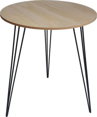 A round wooden table with black metal legs, photographed against a white background.