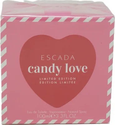 A pink box with a red heart and text indicating it is Escada Candy Love Eau de Toilette.