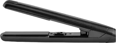 A black hair straightener is shown from the side with its top plate open.