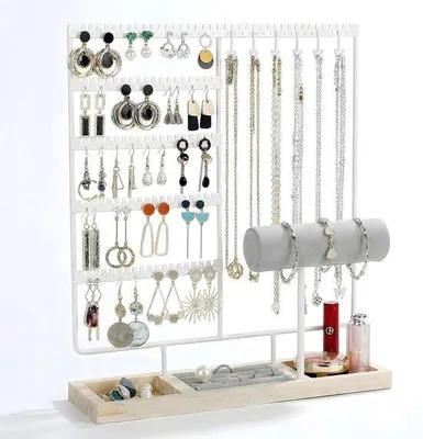 Produktbild von Schmuckhalter-Turm: Schmuckständer mit Samt-Armbandhalter und Ringhalter –  Aufbewahrung für Ketten, Ohrringe, Ringe usw
