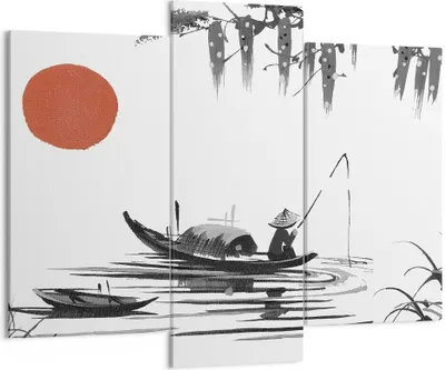 Produktbild von Bild auf Leinwand - Leinwandbild - 3 Teile - China Angler Zeichnen - 130x100cm - Wand Bild - Wanddeko - Wandbilder - Leinwanddruck - Bilder - Wanddekoration - Leinwand bilder - CB130x100-4340