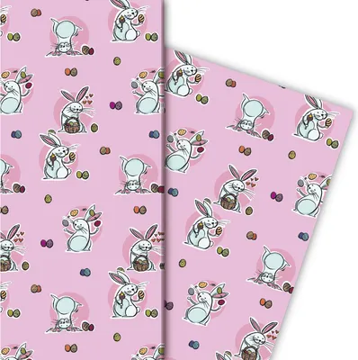 Produktbild von Komisches Oster Geschenkpapier mit lustigen Hasen auf rosa - G5180, 32 x 48cm