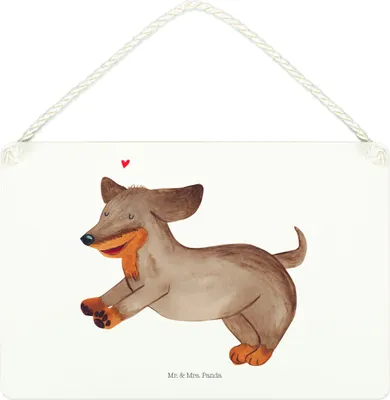 Produktbild von Mr. & Mrs. Panda Wandbild Holz Hund Dackel DIN A4 - Weiß - Geschenk, holzbild, Herz, Schild, wandhänger, Sprüche, Türschild, Hunde, Dachshund, wandtafel, Braun