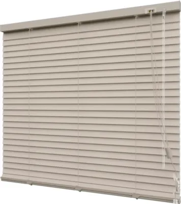 A close-up view of a taupe-colored blind.