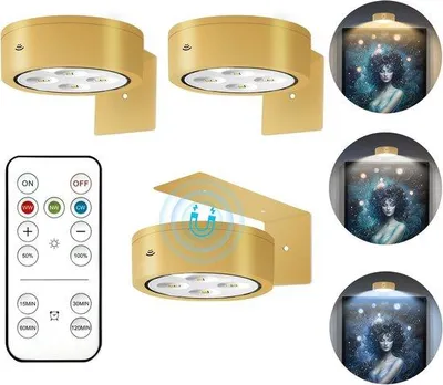 Image de Lot de 3 lampes d'appoint sans fil pour objets d'art, intensité réglable, minuterie, 3 modes, dorées