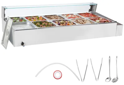 Produktbild von VEVOR 8-Pfannen Gewerblicher Speisenwärmer, 8 x 8QT Elektrischer Dampftisch mit Glasabdeckung, 1700W Edelstahl Buffet Bain Marie 86-185°F Temperaturregelung für Catering, Restaurants, Silber, 10 x 1/2 Pfannen