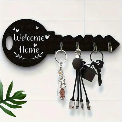 Produktbild von Rustikale Holz-Schlüsselhalter in Boho-Stil mit Brettern und Haken - Einfach zu installieren, Raumsparender Wandhalter, Ideal für Eingänge, Küchen, Büros usw. - Ein Muss, geeignet für das Organisieren von Schlüsseln, Jacken usw.