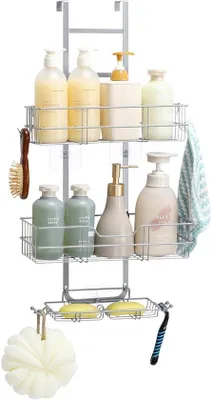 Produktbild von Ibenzoa® Silberfarbenes 2‑stufiges Aufhänge-Duschregal, 32 x 13,6 x 64 cm, rostbeständiges Metall, für Glaswände/Türen bis 4,6 cm, ohne Bohren