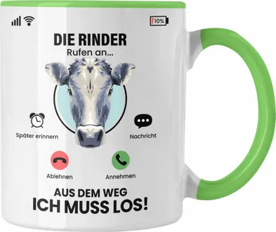 Produktbild von Trendation - Die Rinder Rufen An Tasse Geschenk für Rinder Züchter Besitzer Geschenkidee Lustig Spruch Bauer Bauernhof Landwirt (Grün)