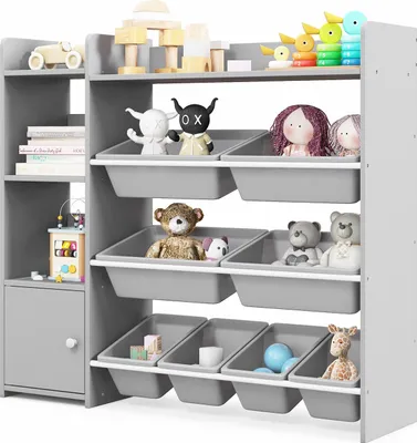 Produktbild von COSTWAY 4-stöckiges Kinderregal, Spielzeugregal mit 8 Aufbewahrungsboxen, 2 Regalen & Schrank, Spielzeug-Organizer Bücherregal, 120kg belastbar