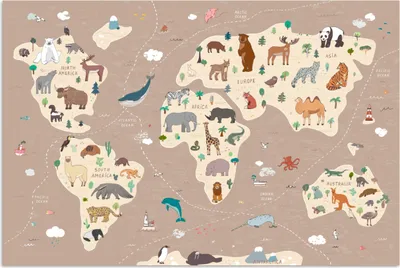 Produktbild von MuchoWow® Poster Weltkarte Kinder - Tiere - Braun - Jungen - Mädchen 30x20 cm - Plakate - Print