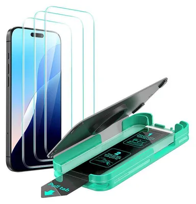 A product shot of screen protectors for an iPhone, including an application tool.