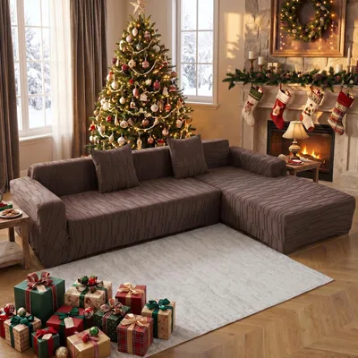 Produktbild von Dicker Jacquard Sofabezug 2-teiliges Set für L form Ecksofa, Stretch Sofahusse Universal Sofa Überzug mit 2 Stück Kissenbezug und Reinigungshandschuhe (L form-3 Sitzer + 4 Sitzer,Braun)