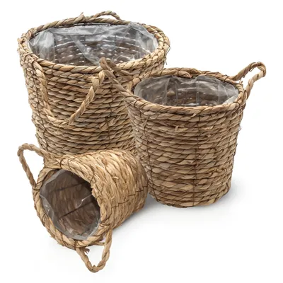 Produktbild von Seegras Pflanzkorb 3er Set natur - 25 / 20 / 15 cm - Pflanztopf mit Folie ausgekleidet - Deko Blumenkorb Blumentopf Flechtkorb Korbset mit Henkel