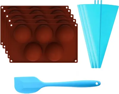 Obrázek produktu pro 9PCS Sada příslušenství pro výrobu čokolády, 5 ks 5 dutin Střední polokoule Silikonová forma / Horká čokoládová bomba a kakaová bomba Kuličková forma, 3PCS Silikonový sáček, 1PCS Silikonová škrabka