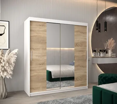 Produktbild von Schwebetürenschrank mit einer Breite von 180 cm TIMEA 1 – Weiß / Eiche Sonoma