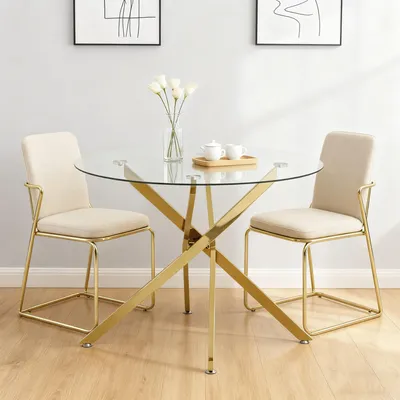 Obrázek produktu pro Jídelní stůl STILVORA s tvrzenou skleněnou deskou, kulatý stůl se zlatými nohami, konferenční stolek v moderním minimalistickém designu, stůl pro 2–4 osoby